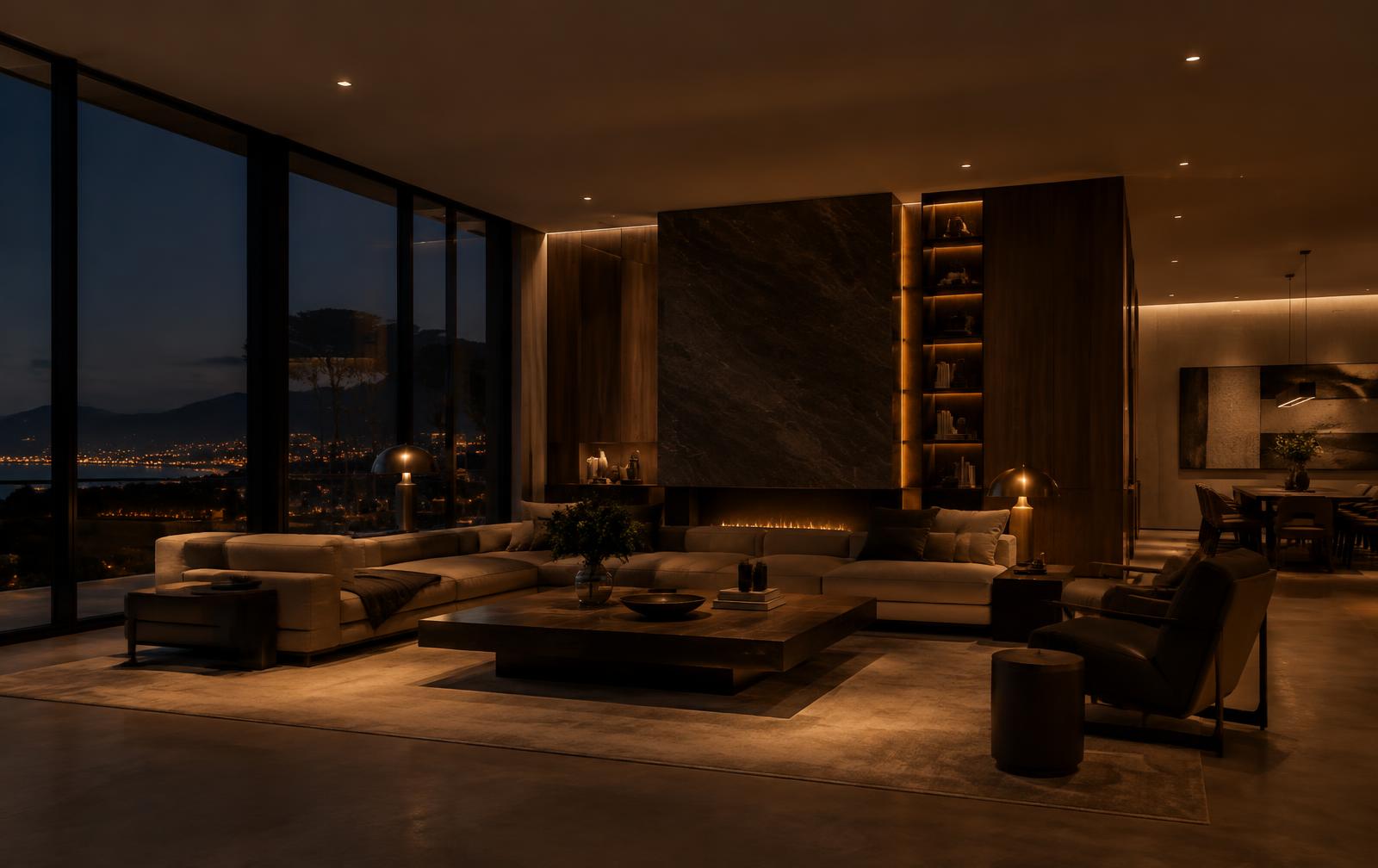 Luxury living room at night lit with warm dim recessed fixtures